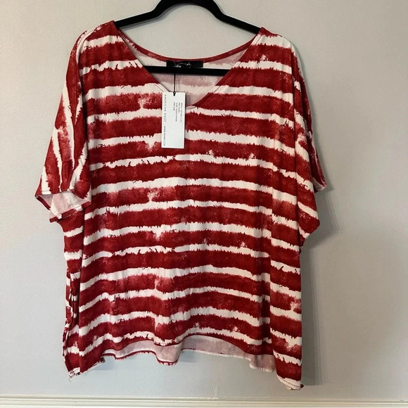 Yana K Women’s Short Sleeve V-Neck Red and Ivory Striped Apple Top One Size NWT - Picture 2 of 6